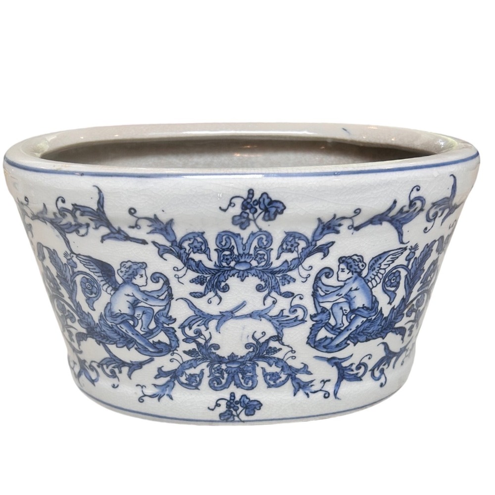 Vintage Blue and White Porcelain Oval Planter Cherub Fish Motif Crackle Glaze